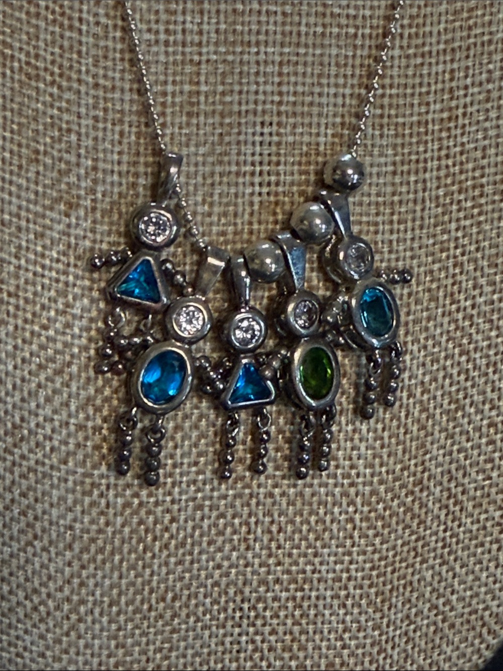 Sterling Silver Multi-Gem children family Pendant Necklace -Blue teal green